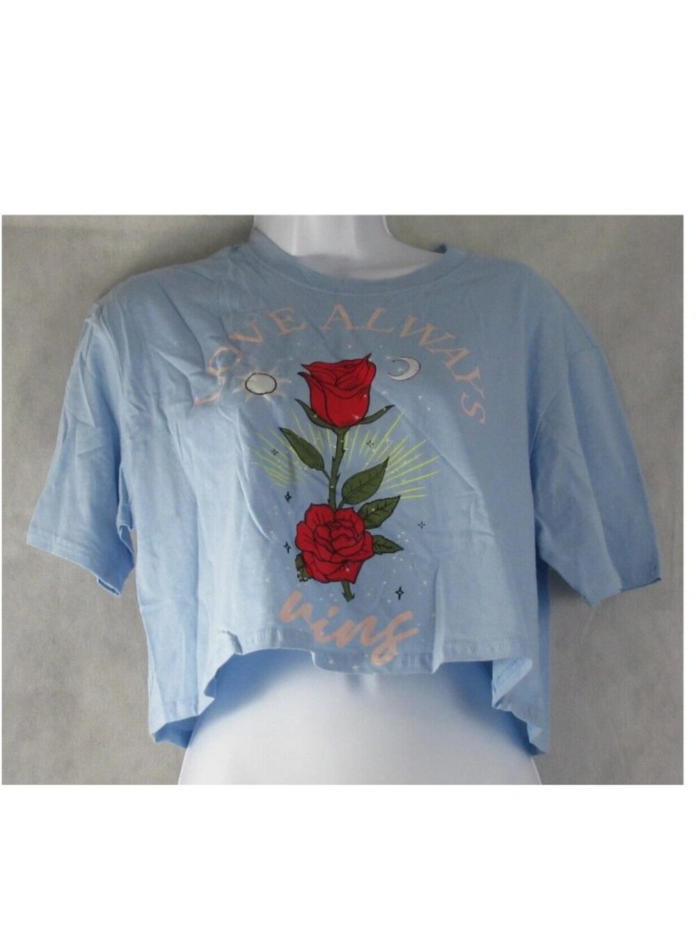 Self❤️E Women's Lounge Pajama Crop Top, Light Blue Love Always Wins Roses, XS